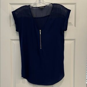 Express Navy Mesh Yoke V-Neck Top with Gold Zip